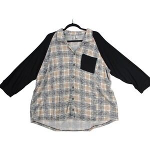Full Circle Trends Women Plaid Knit Button Down Top Black Gray Pink 3X Plus Size